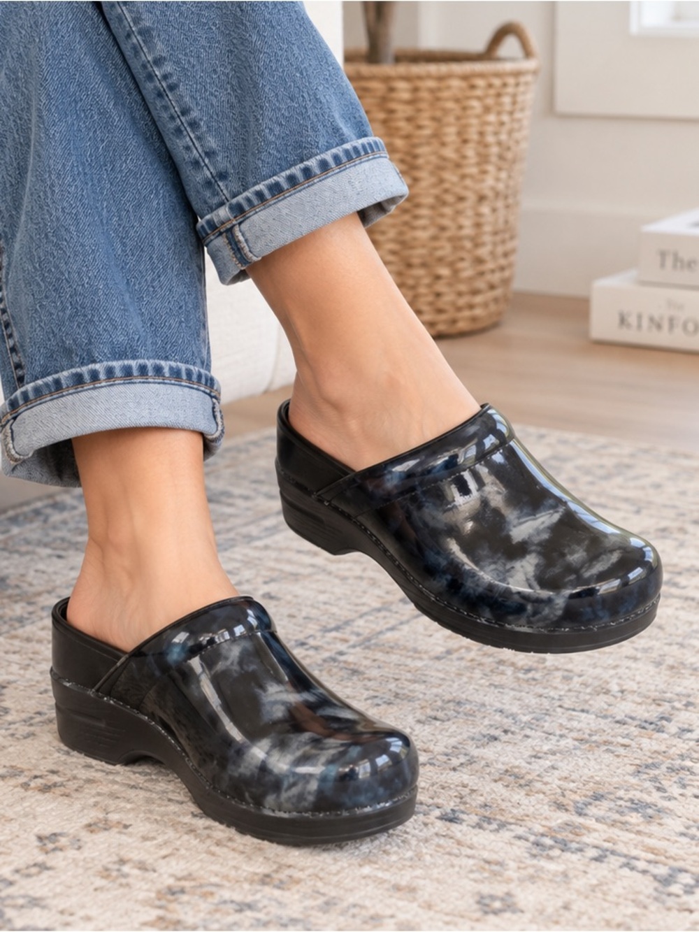 Dansko Patent Leather Clogs Size 40 US 9.5–10 Black Blue Marble Womens